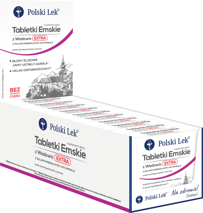 POLSKI LEK Tabletki Emskie z Wadowic EXTRA smak czarna porzeczka Display 10x10 sztuk