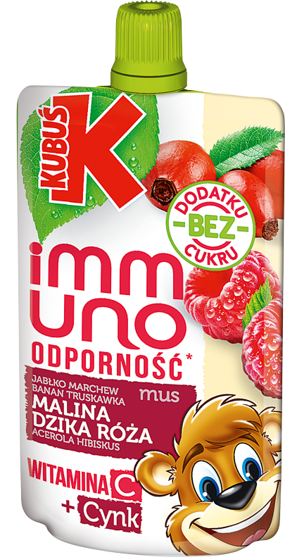 KUBUŚ pouch 100g jabłko, marchew, truskawka, banan, malina, dzika róża, acerola i hibiskus